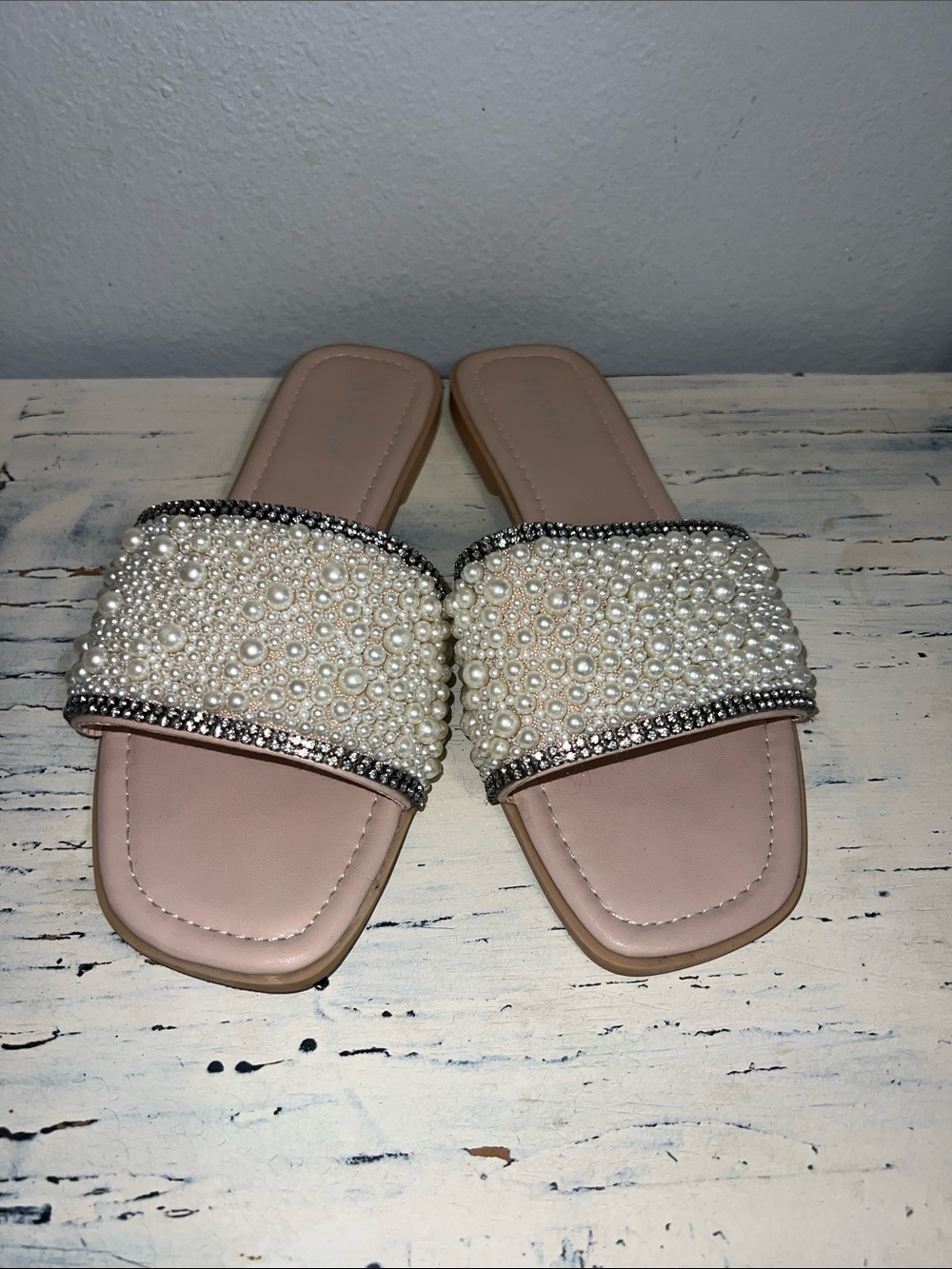 Pearl-Embellished Nude Slide Sandals - Women